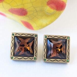 Vintage MYKA Chunky Glass Rhinestone Stud Earrings Square Geometric Brown Green